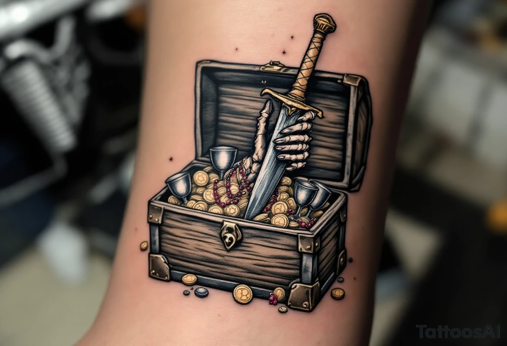 Dead Man’s Chest – A weathered wooden treasure chest, overflowing with gold coins, ruby necklaces, and silver goblets. A skeletal hand emerges from within, gripping a rusty dagger covered in barnacles. tattoo idea