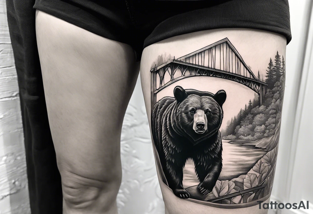 Large thigh tattoo, realism, black and white, black bear with the new river gorge bridge in the background tattoo idea