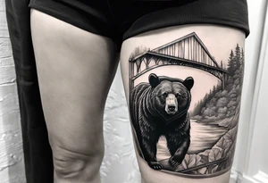 Large thigh tattoo, realism, black and white, black bear with the new river gorge bridge in the background tattoo idea