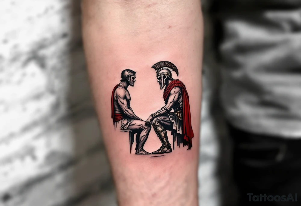 Under the Emperor’s Gaze – A black-and-gray realism piece of a gladiator kneeling before the Roman Emperor, awaiting judgment. His rusted iron helmet is cracked, and his red sash trails in the wind, symbolizing fate. tattoo idea