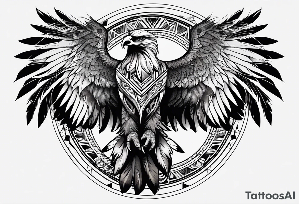 tribal eagle morphed with phoenix and human figure. dream catcher feathers. rebirth. light realm. tattoo idea