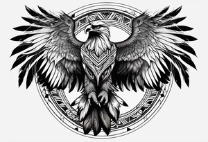 tribal eagle morphed with phoenix and human figure. dream catcher feathers. rebirth. light realm. tattoo idea