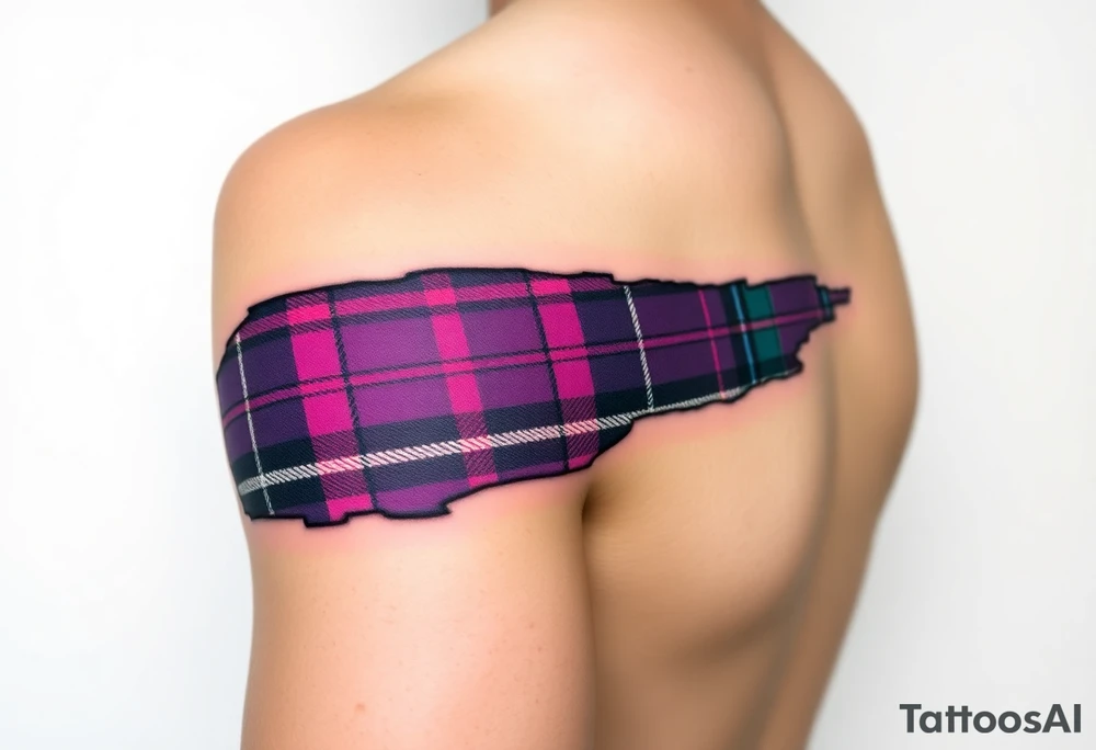 Dark Purple with green pink blue and white highlights tartan fabric on bicep with skin shedding away to reveal tartan underneath tattoo idea