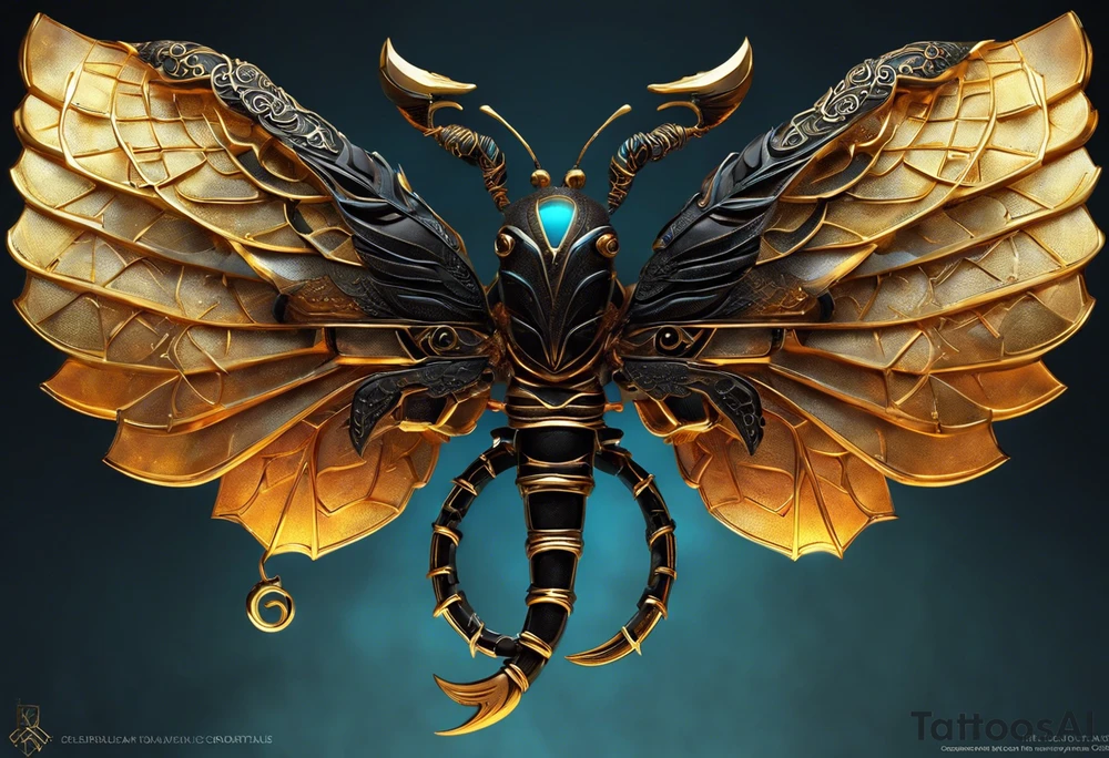 Winged scorpion with mystical details, such as glowing eyes and a tail that spirals, ending in a luminous stinger. Its body would have intricate patterns inspired by the Scorpio constellation, with a subtle glow that suggests power and mystery.

The creature could be accompanied by black-tinted bracelets encircling the arm. These bracelets could be designed with geometric lines or ancient symbols, creating a visual harmony between the creature and the bracelets, representing protection and connection with cosmic forces. The tattoo as a whole would evoke strength, mystery, and the intense essence of Scorpio. tattoo idea