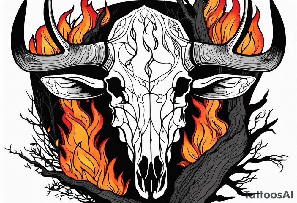 Scary side profile of a DECAYING deer skull JUST BONE surrounded by a flames and trees in background tattoo idea