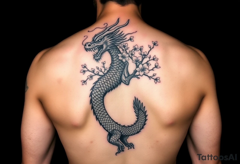 forearm sleeve tattoo, a dragon with a sakura tree tattoo idea