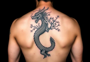 forearm sleeve tattoo, a dragon with a sakura tree tattoo idea