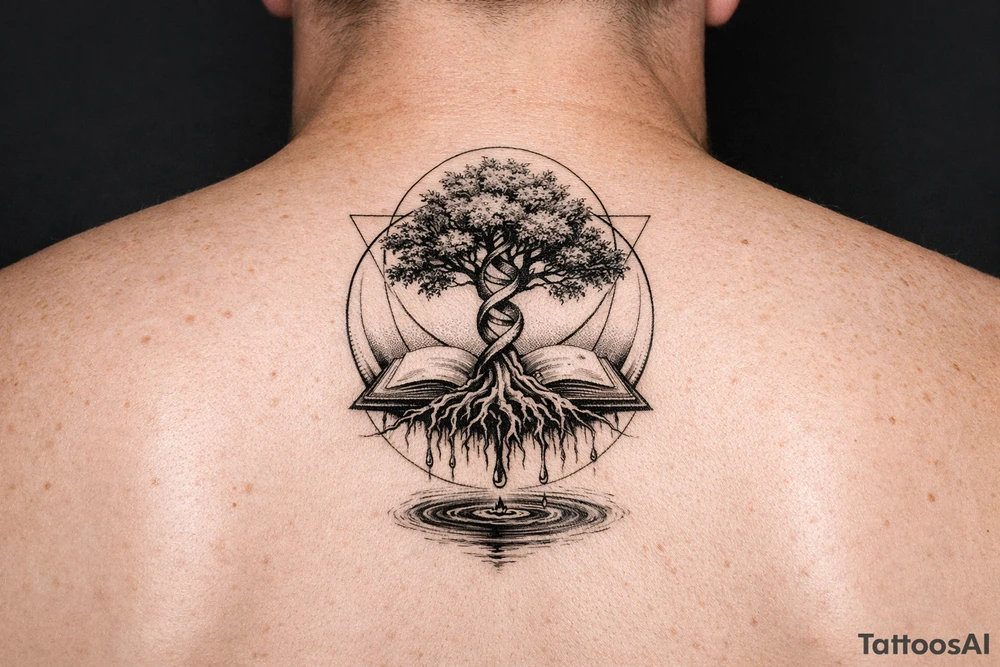 tree with dna spiral for trunk, roots sprouting from an open book, water dripping from roots into a puddle, and geometric circles surrounding design tattoo idea