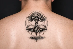 tree with dna spiral for trunk, roots sprouting from an open book, water dripping from roots into a puddle, and geometric circles surrounding design tattoo idea