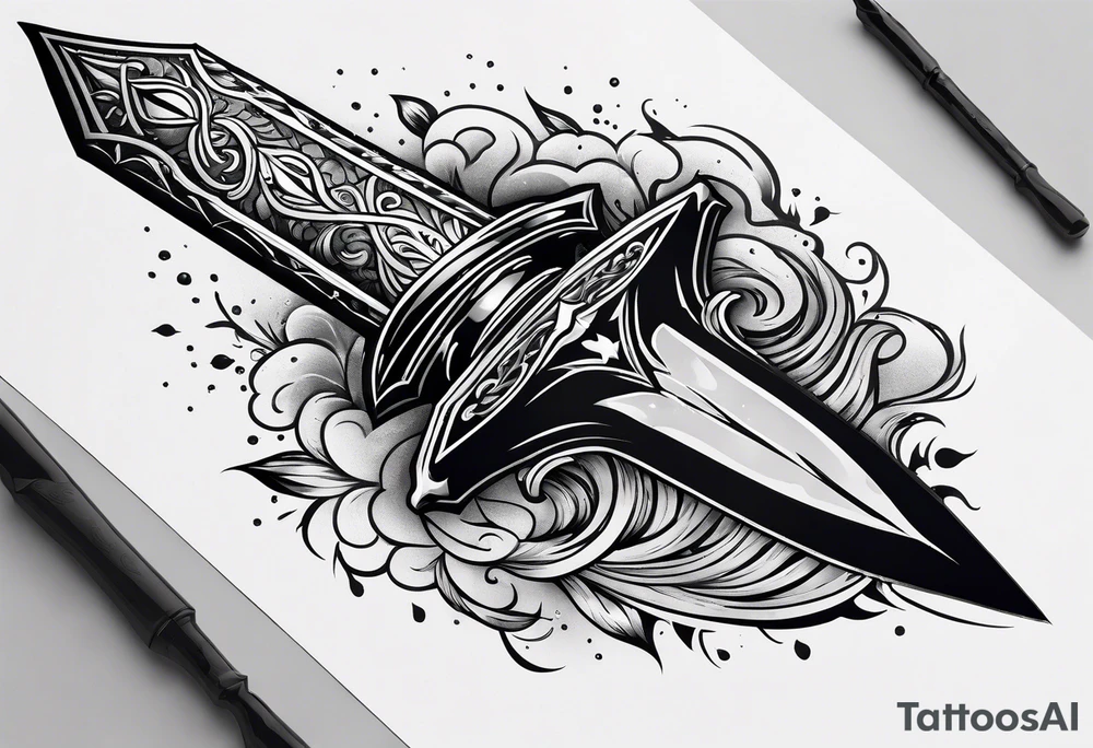 Feminine magical dagger with a splash of water swirling around it upwards tattoo idea