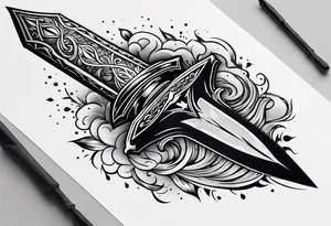 Feminine magical dagger with a splash of water swirling around it upwards tattoo idea