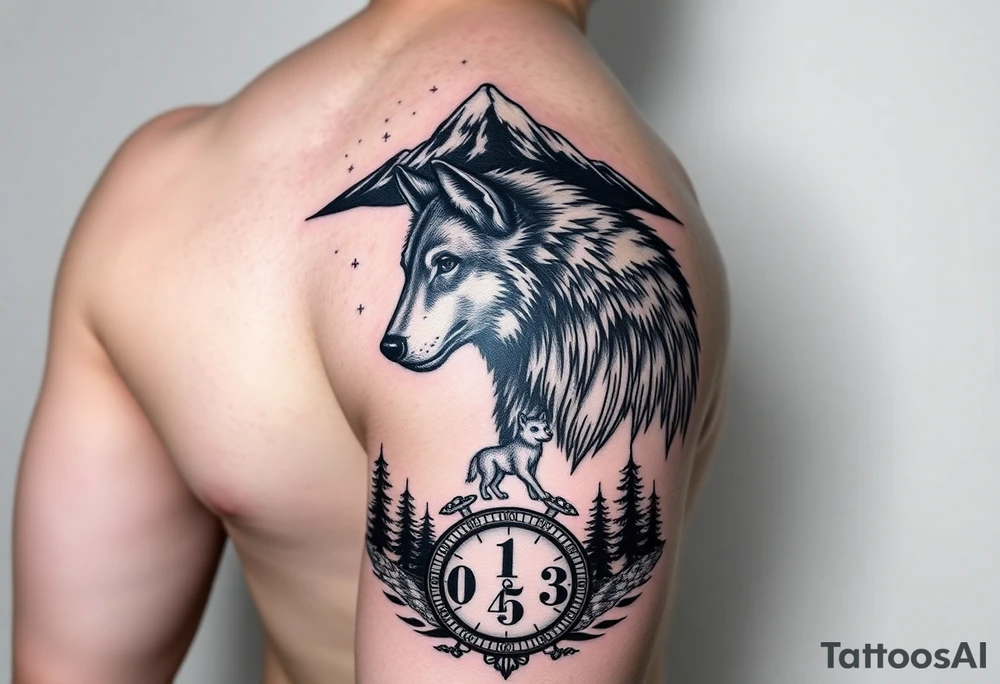 A full sleeve tattoo on left arm. At the top should be a majestic mountain top surrounded by the night sky and stars. Below the mountain top should be a majestic father wolf watching over his son. There should be water showing the reflections of both of the wolves. Beneath the water should be a time clock that shows the time as 1:43. There should be trees to fill in the gaps. tattoo idea