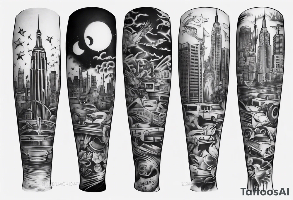 full arm sleeve tattoo based on new york city tattoo idea