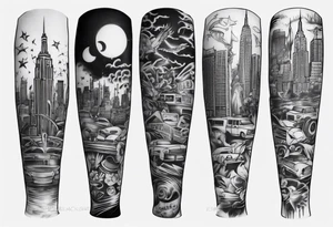 full arm sleeve tattoo based on new york city tattoo idea