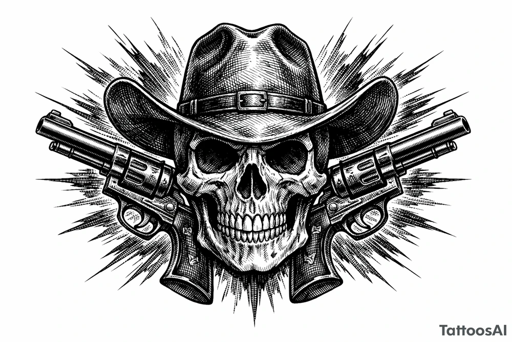 Skull with cowboy hat, pistols bursting from background, vintage engraving style. tattoo idea