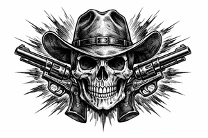Skull with cowboy hat, pistols bursting from background, vintage engraving style. tattoo idea