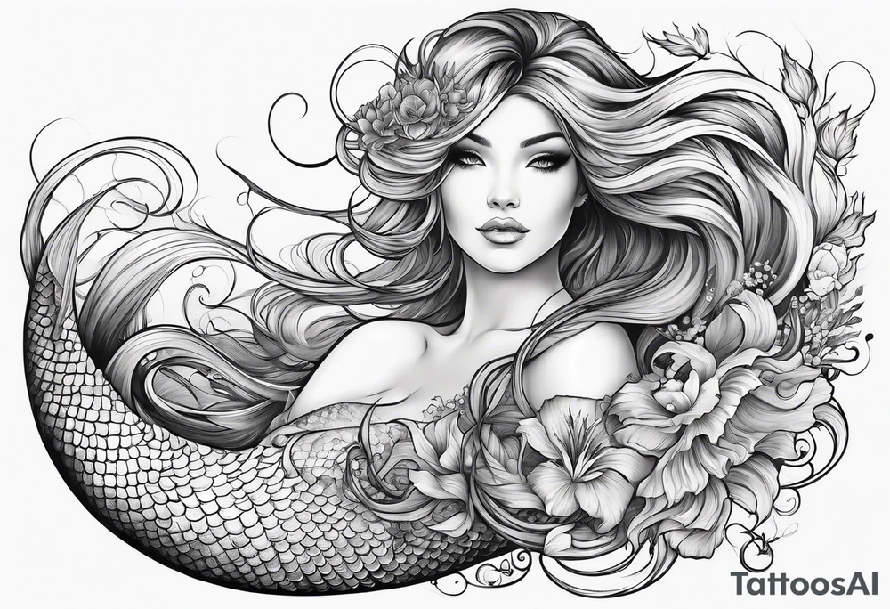 sexy full bodied mermaid with flowing tail and hair, tattoo sleeve tattoo idea