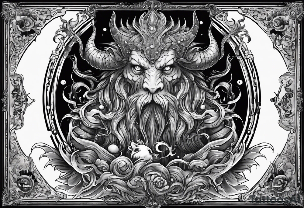 Aquarius water bearer monster. Dark. With a gothic frame and mythological creatures. tattoo idea
