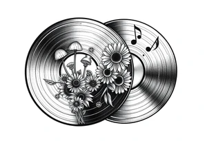 two overlapping vinyl records with mushrooms, sunflowers, and music notes tattoo idea