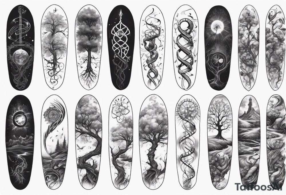 full arm sleeve tattoo... DNA science guitar piano, music. tree of life tattoo idea