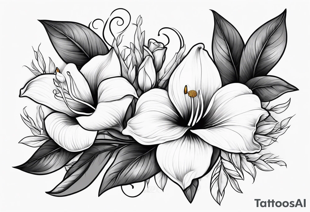 Olive branch, Cala lily and rose tattoo idea