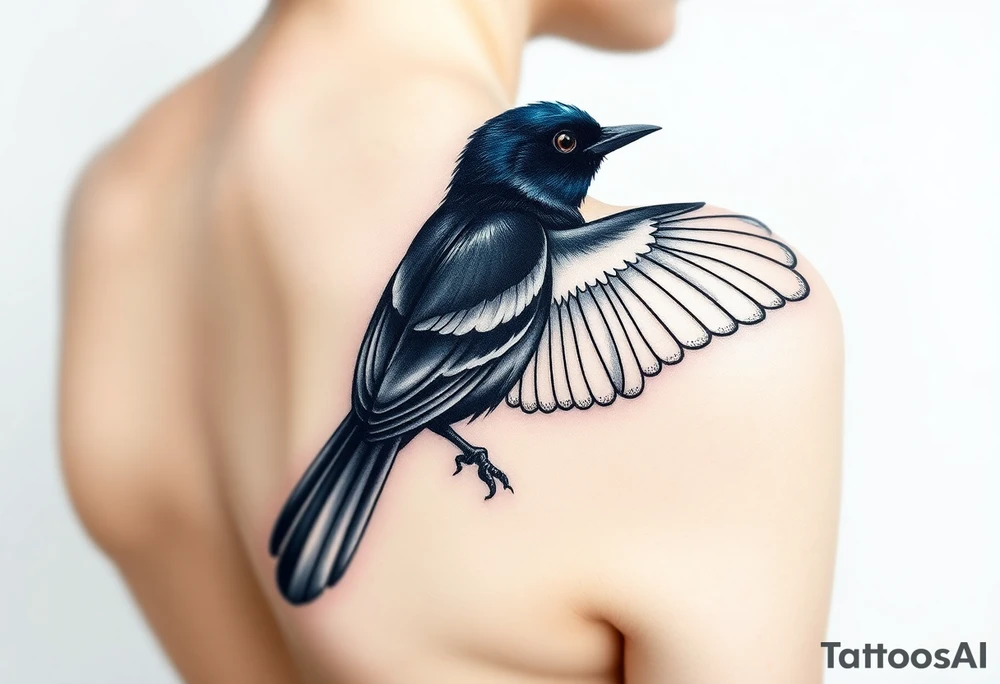 Magpie with one spread wing and one folded wing looking to the side for a woman's shoulder tattoo idea