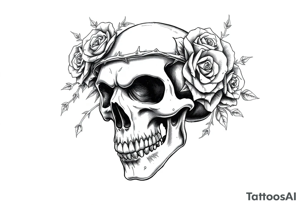 ornate skull adorned with crown of wild roses and thorns tattoo idea