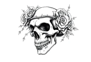 ornate skull adorned with crown of wild roses and thorns tattoo idea