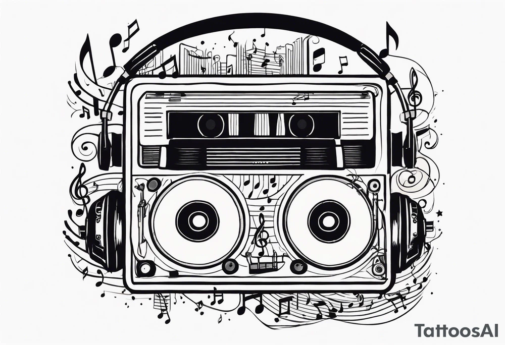 1/4 sleeve length
music notes, a cassette tape, and
instruments tattoo idea