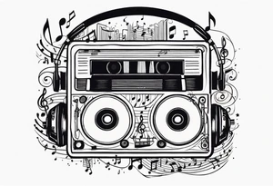 1/4 sleeve length
music notes, a cassette tape, and
instruments tattoo idea