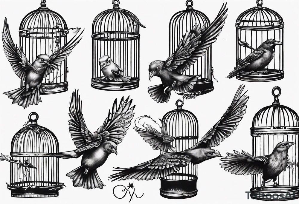 highly detailed bird, Lynyrd Skynyrd,
flying from unlocked cage tattoo idea