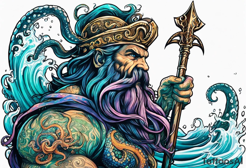 Octopus krake monster pulling Poseidon with his trident tattoo idea