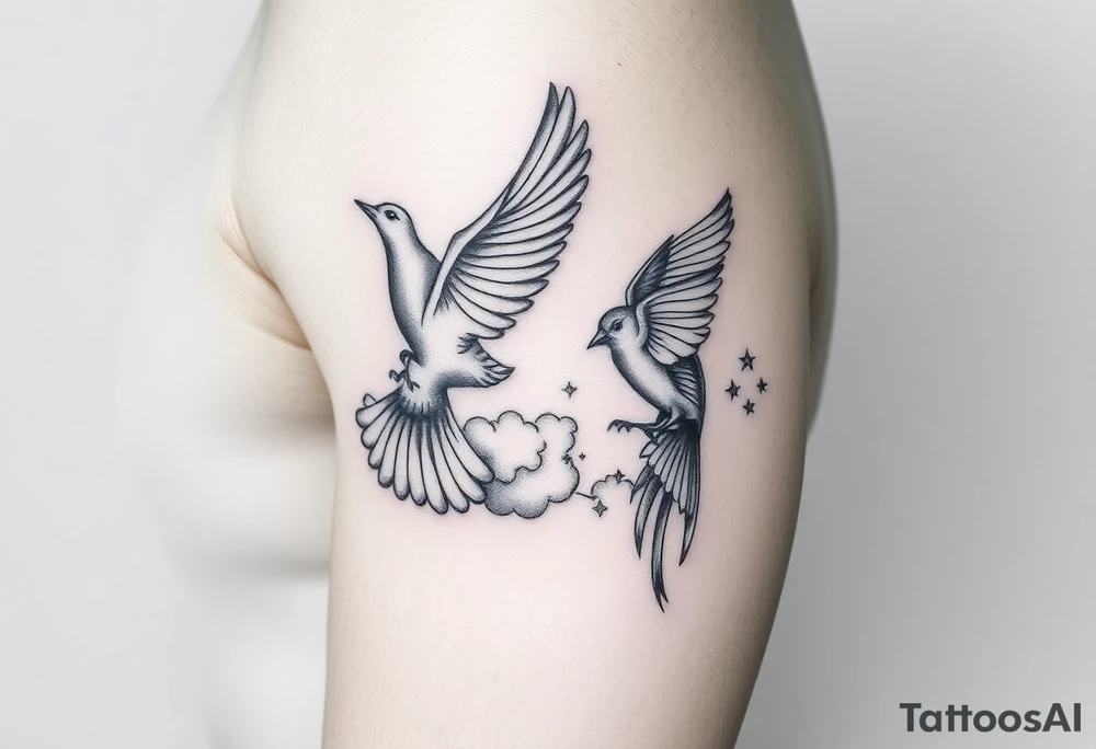 Dove and a blue jay, clouds, shining light to or from heaven tattoo idea