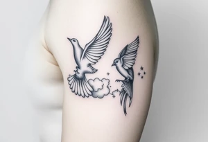 Dove and a blue jay, clouds, shining light to or from heaven tattoo idea