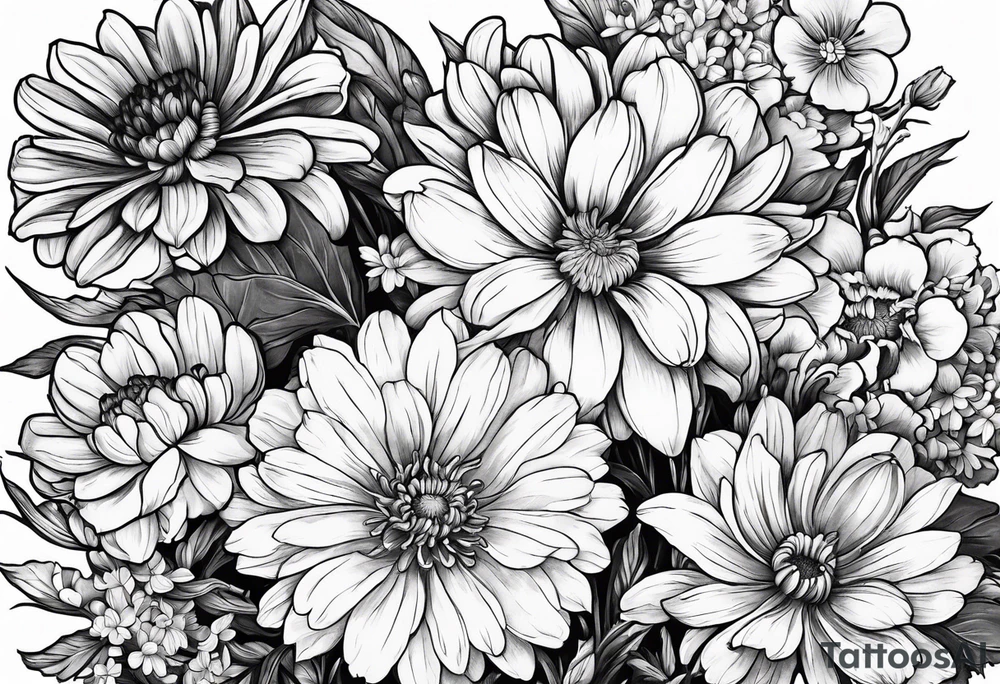 Flowers: marigold, chrysanthemum, narcissus tattoo idea