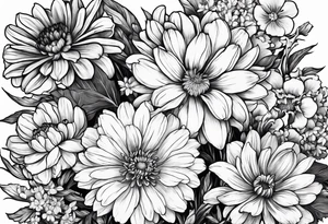 Flowers: marigold, chrysanthemum, narcissus tattoo idea