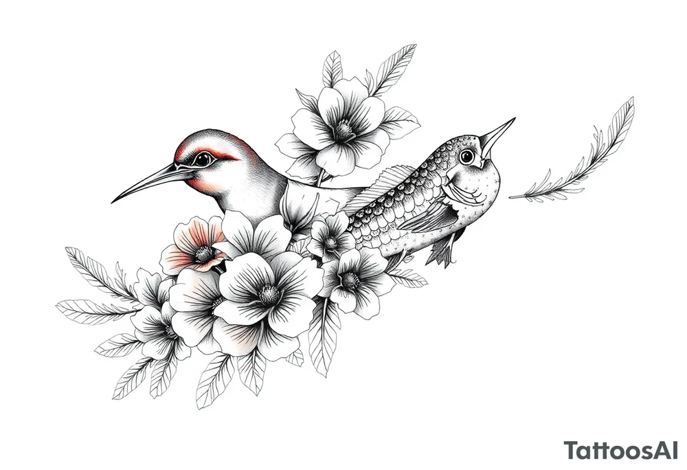 Exotic birds, Exotic flowers, Coy fish, a symbol of strength, a symbol of redemption, & with feathers tattoo idea