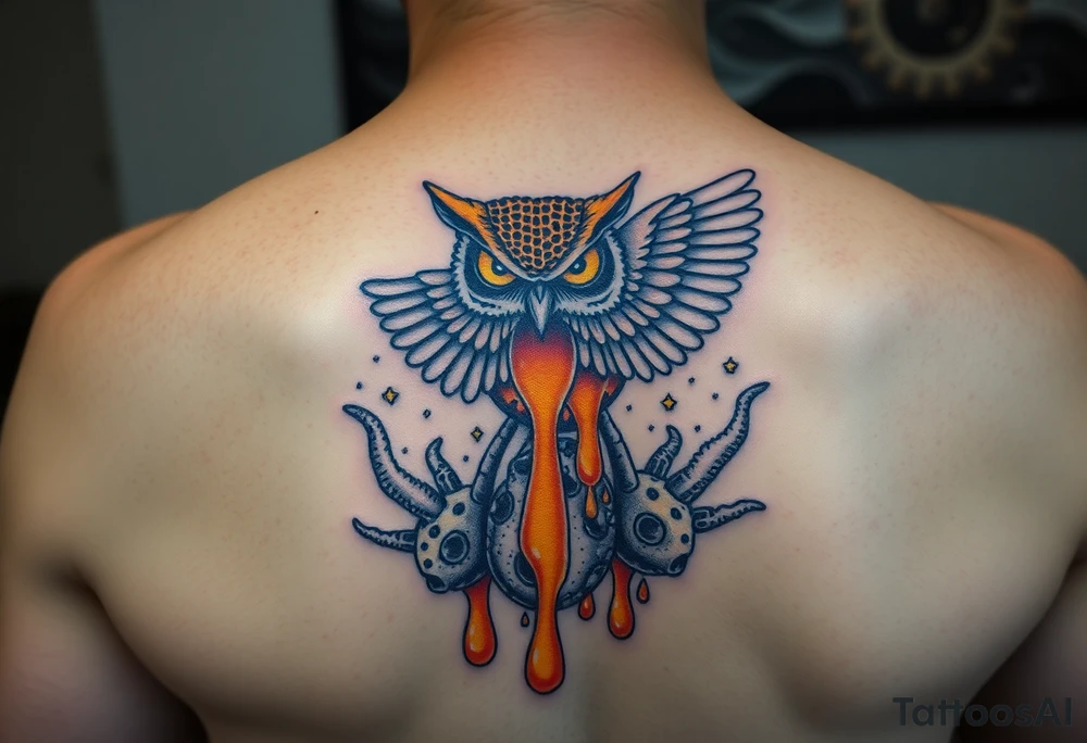 Honey comb, owl dripping honey over sea creatures tattoo idea