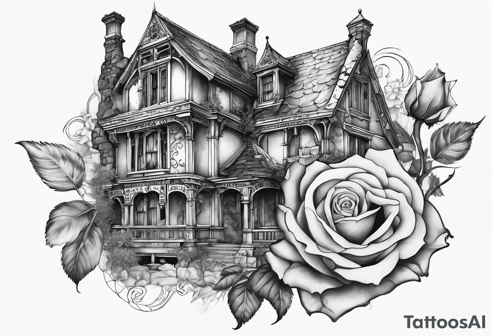 fool sleeve,, abandoned old gotic house, broken sword, roses, tattoo idea