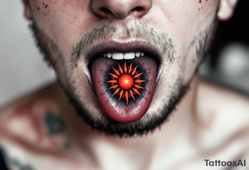 A bold crimson Kolovrat (Slavic sun symbol) tattoo sits centered on the tongue, its eight fiery red arms radiating outward with fine black outlines, creating a striking contrast against the natural pink flesh. tattoo idea