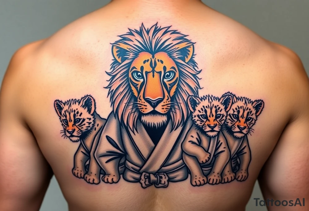Lion wearing a Brazilian jiu jitsu gi as a person would along side his two cubs who are wearing the jiu jitsu gi as well. The surrounding area is the sarenghetti tattoo idea