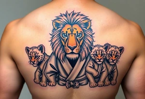 Lion wearing a Brazilian jiu jitsu gi as a person would along side his two cubs who are wearing the jiu jitsu gi as well. The surrounding area is the sarenghetti tattoo idea