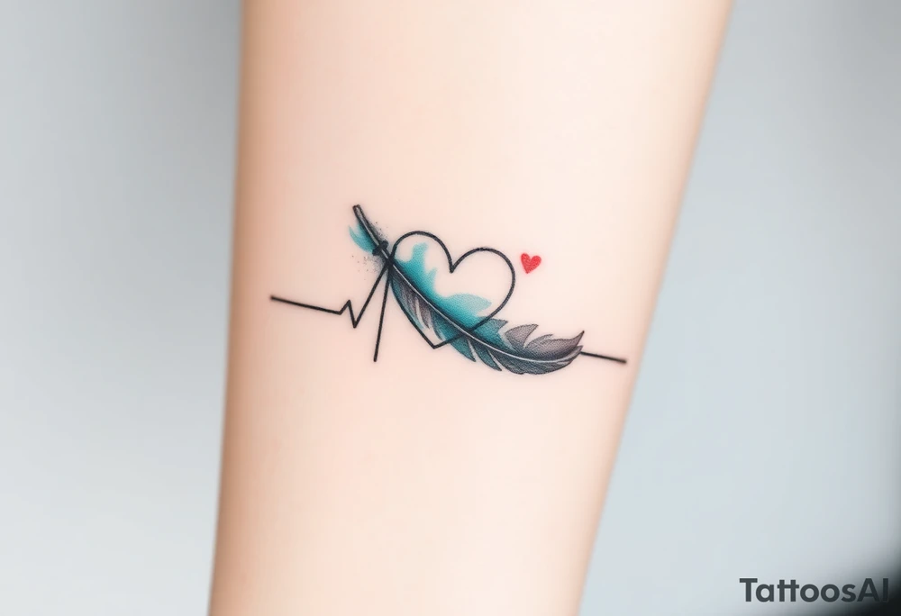 A heartbeat line curving around a delicate feather, colored in shades of teal, gray, and silver, representing lightness and freedom. tattoo idea