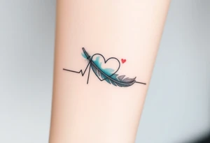 A heartbeat line curving around a delicate feather, colored in shades of teal, gray, and silver, representing lightness and freedom. tattoo idea
