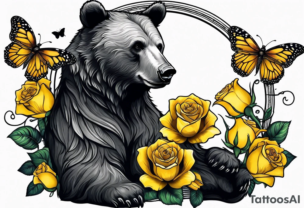 A bear sitting under the tree of life with three yellow roses, and three butterflies tattoo idea