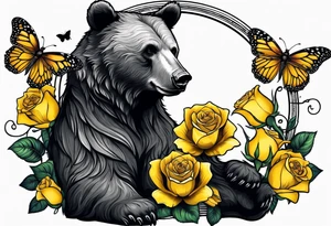 A bear sitting under the tree of life with three yellow roses, and three butterflies tattoo idea