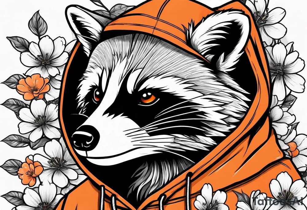 raccoon wearing a black and white Superman hoodie and orange Japanese cherry blossoms tattoo idea