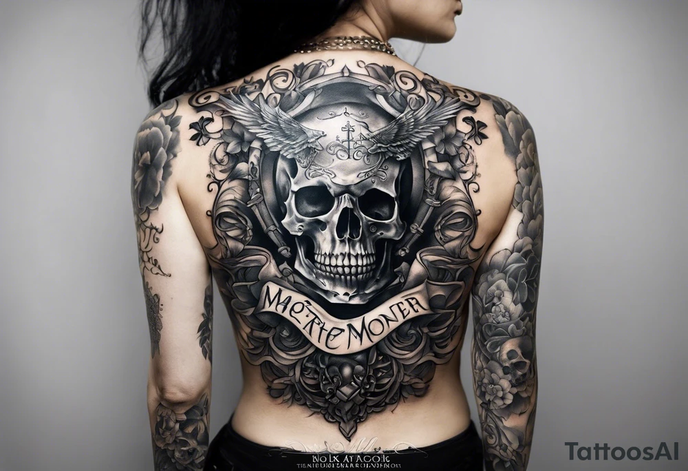 No roses or skulls. back tattoo with the word momento mori included plus two hands coming together. One skeleton the other real. would also like a sword/something similar going down my spine tattoo idea