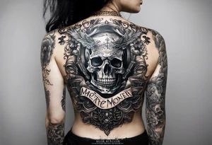 No roses or skulls. back tattoo with the word momento mori included plus two hands coming together. One skeleton the other real. would also like a sword/something similar going down my spine tattoo idea