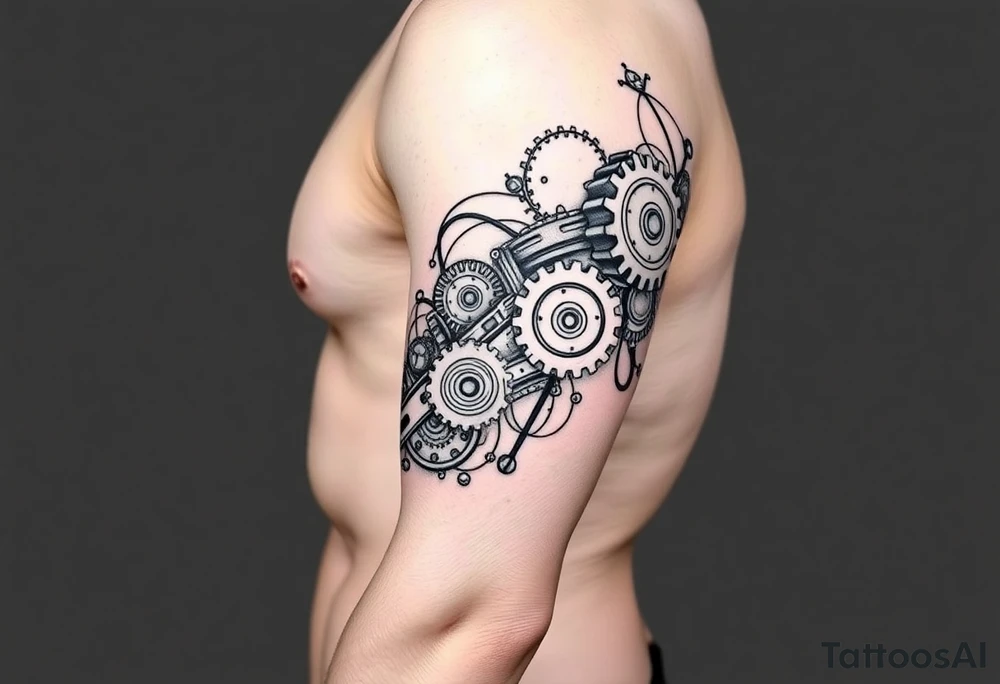 This biomechanical tattoo design creates the illusion of mechanical parts under the skin. It features gears, pistons, and wires, giving the arm a cybernetic look. Realistic shading enhances the fusion of flesh and machine tattoo idea